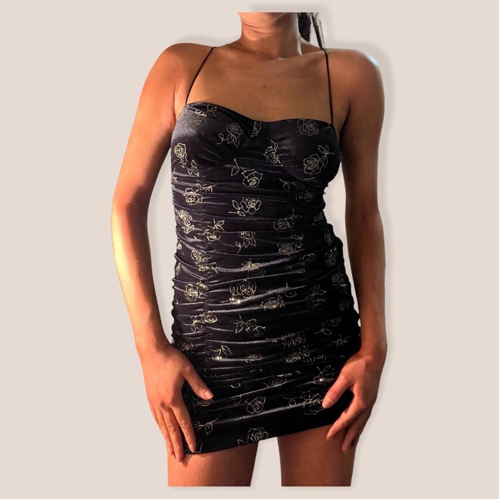 Motel Rocks Levora Mini Dress Black Velvet Gold Rose Stamp